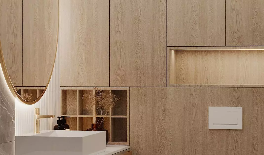 The bathroom is maintained in wood and stone