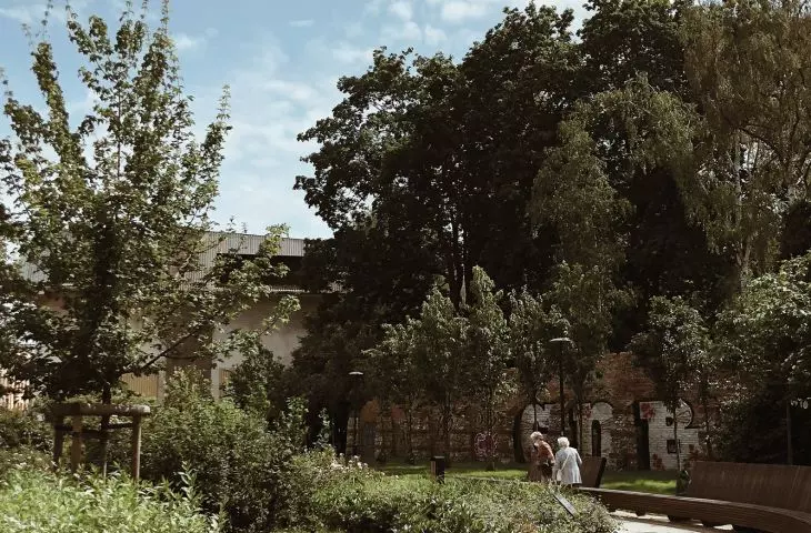 spacerowa ścieżka wśród zieleni z możliwością odpoczynku na ławce