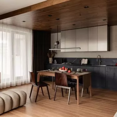 The interior is dominated by a combination of stone and wood