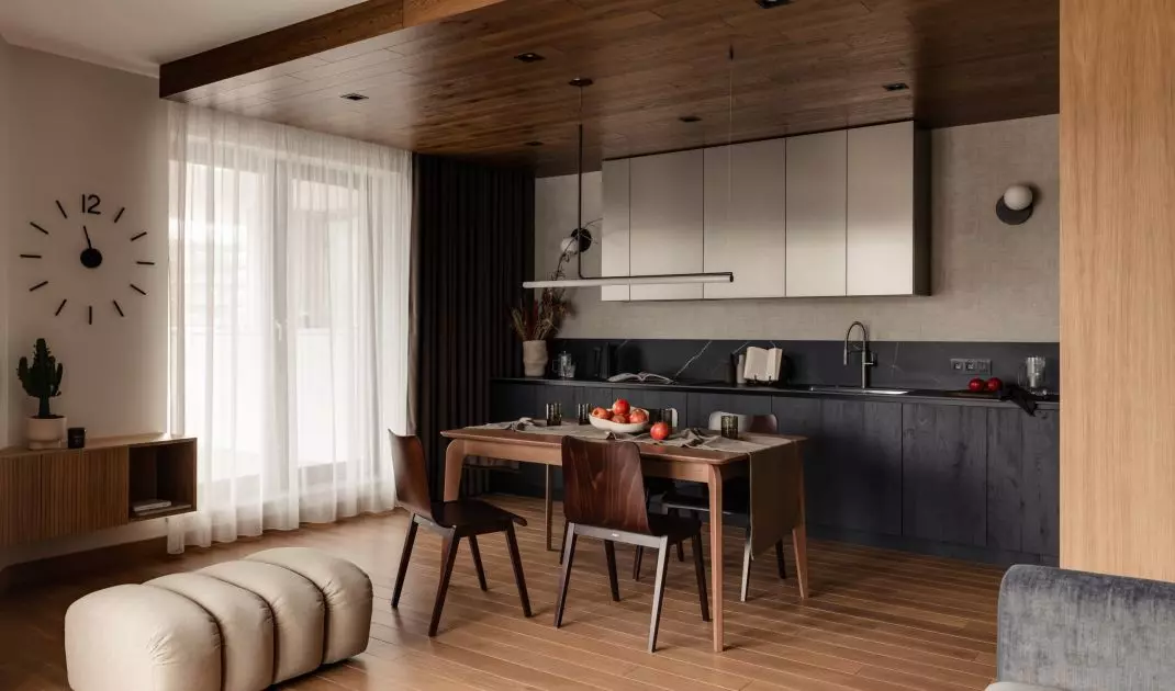 The interior is dominated by a combination of stone and wood