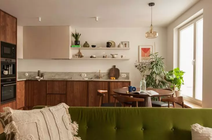 The interior draws on the aesthetics of japandi