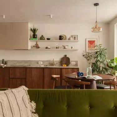 The interior draws on the aesthetics of japandi