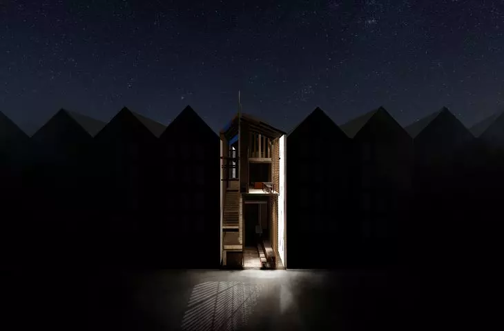 The selected townhouse is located in the middle of a row of