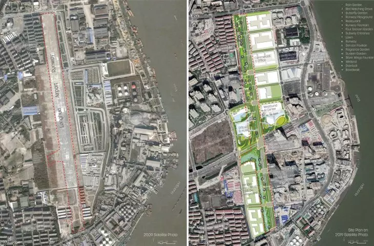 the original parts of the former airport apron have been preserved and woven into the design as some sidewalks, among other things