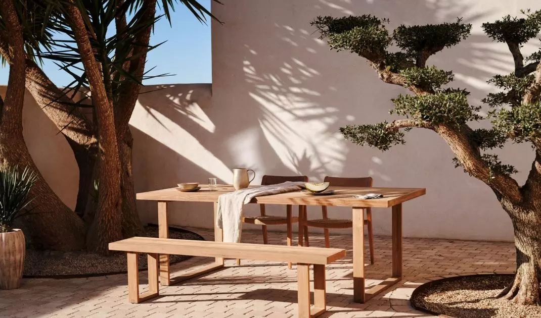 The rectangular table is ideally matched with a bench 