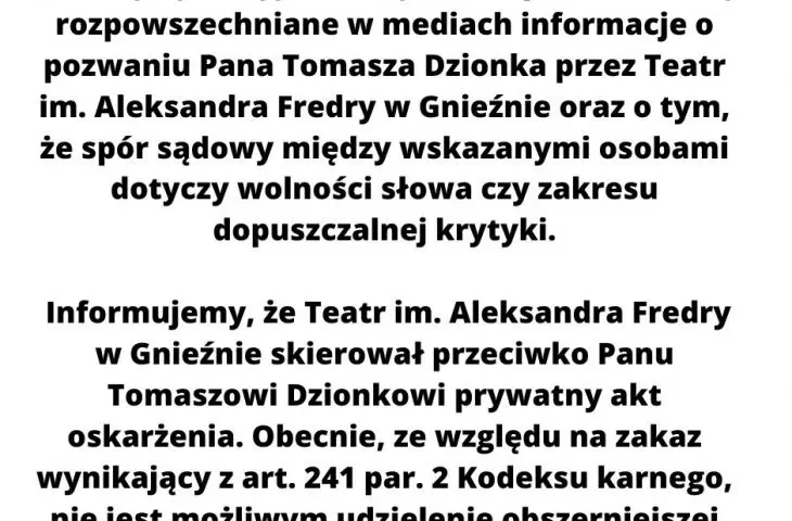 Statement by the Fredro Theater in Gniezno, April 6, 2023.