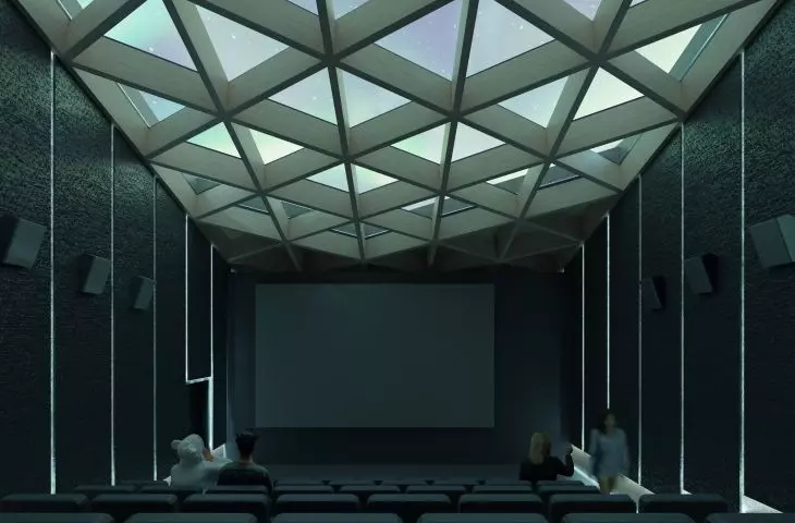 Interior of cinema hall with opening roof