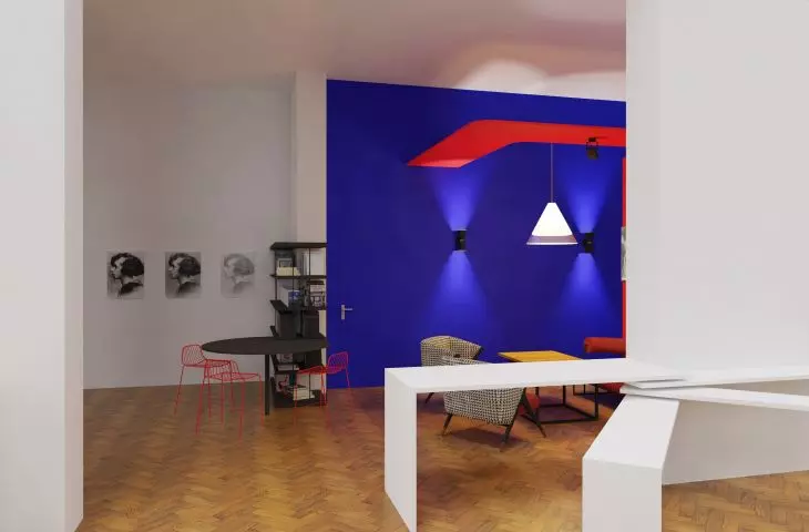 The walls in the cafe are white, the exceptions being one in indigo and one with stylized graphics