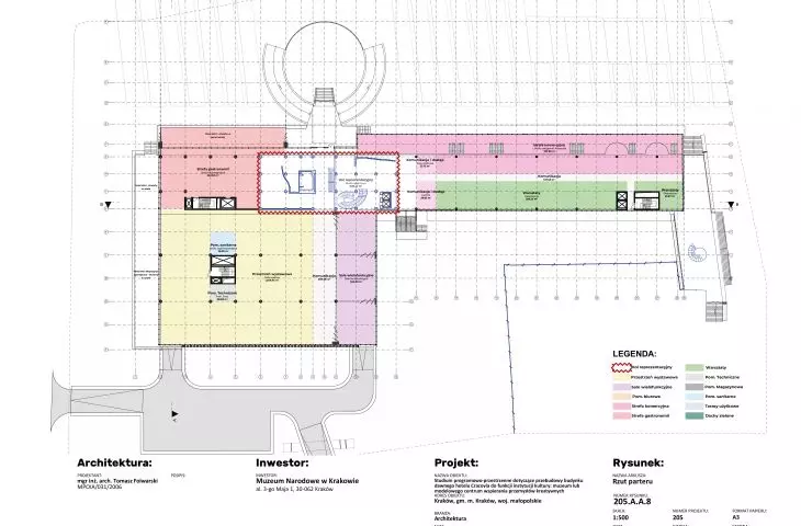 Programmatic and spatial study for the reconstruction of the former Cracovia Hotel building, first floor plan