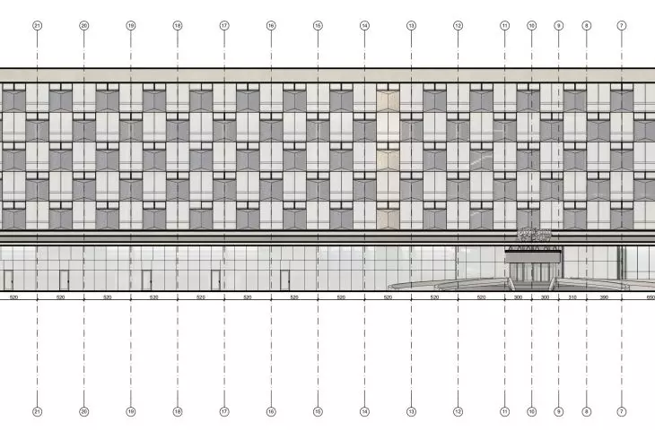 Programmatic and spatial study for the reconstruction of the former Hotel Cracovia building, front elevation