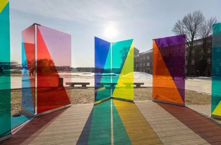 The installation is positioned with respect to the sides of the world so that new color combinations are constantly being created