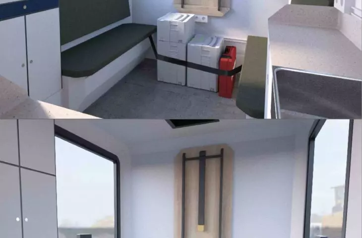 The multifunctional space has a folding table and a pull-out couch