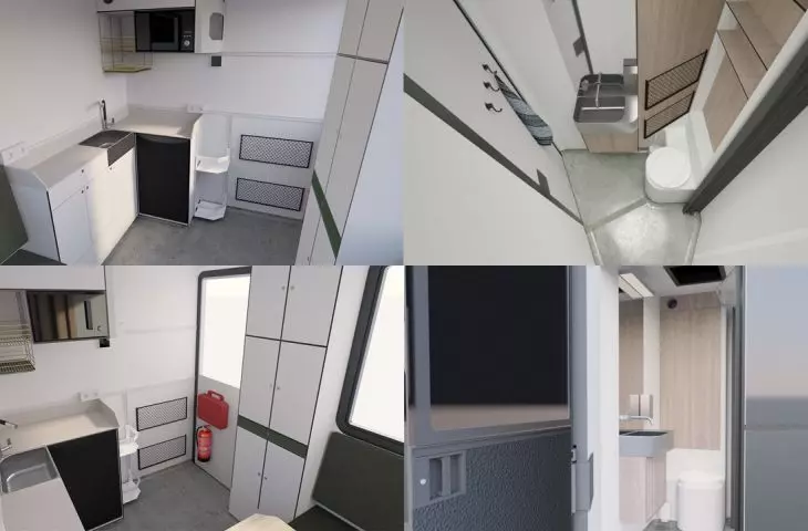The interior of the caravan includes a toilet with shower, a kitchenette and a multi-functional space