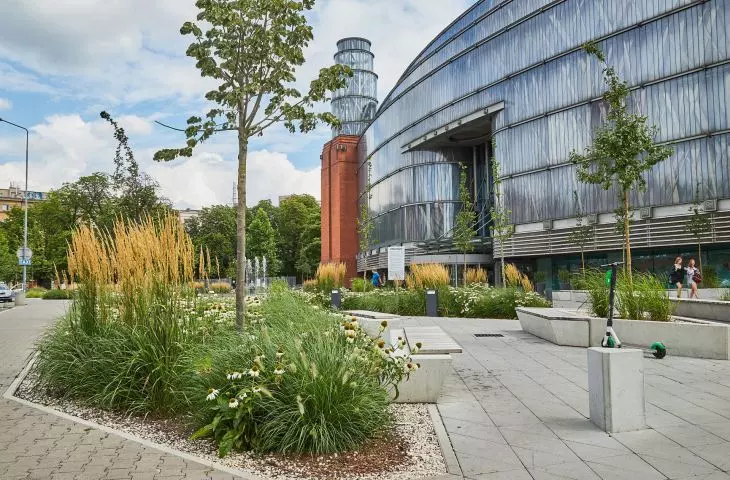 The square in front of the entrance to the Stary Browar shopping center on Ratajczaka Street; the paved and unfriendly space was replaced by a green-saturated realization by 1050 Architecture Studio (2020)