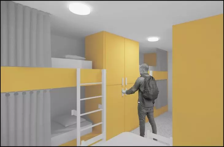 Wnętrze jednego z pokoi z modułowymi łóżkami