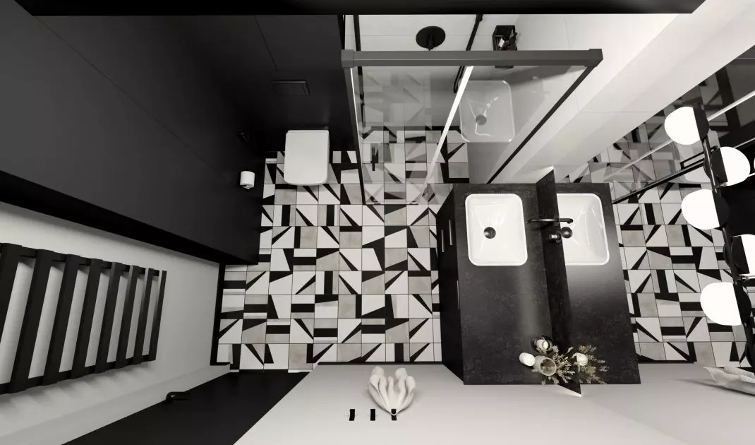  On the floor you will find tiles with an asymmetrical pattern