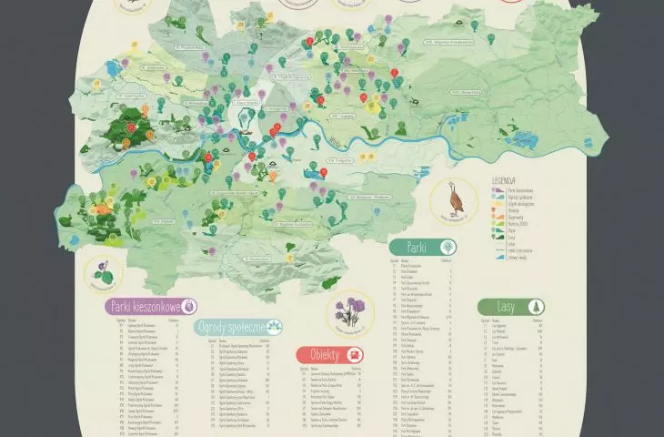 map of green places of Krakow shows a network of different types of green areas - from small pocket parks to forests, reserves or Natura 2000 areas