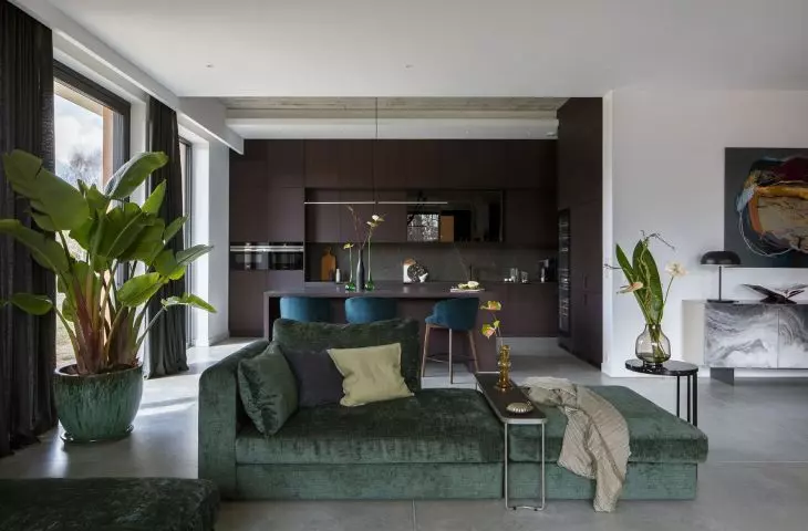 The living area consists of a living room, kitchen and dining room