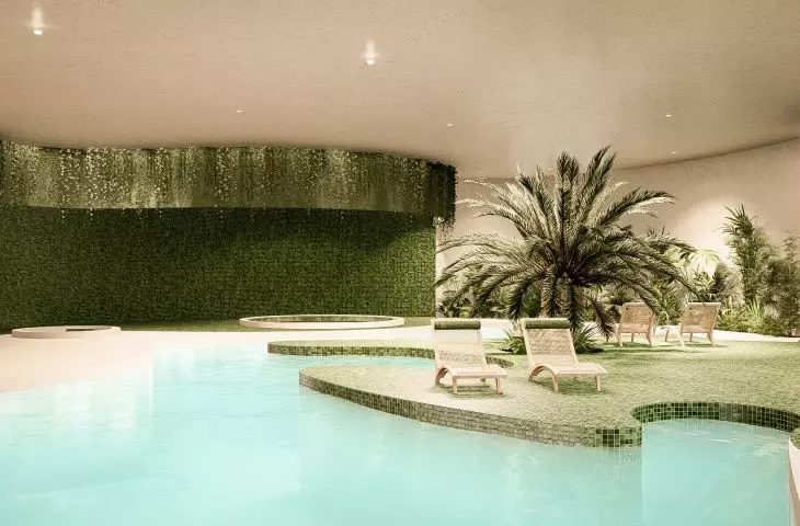 The fire sefa includes a Jacuzzi pool shaped like the cartographic contour lines of the Batur volcano and a steam sauna