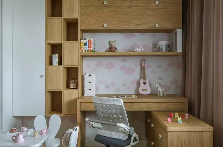 The children's room features wallpaper with a cloud pattern