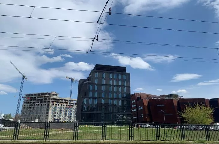 From left - the Cranes development under construction, the Eternum office building and the European Solidarity Center