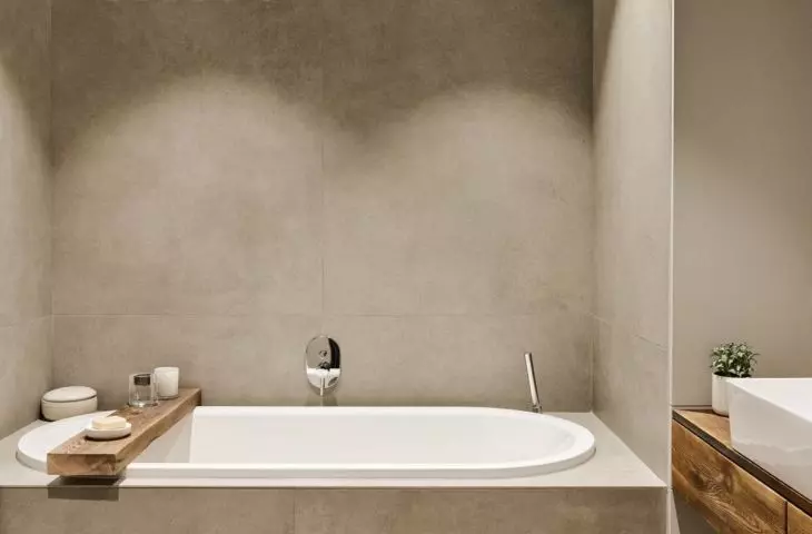 The bathroom was decorated in muted colors