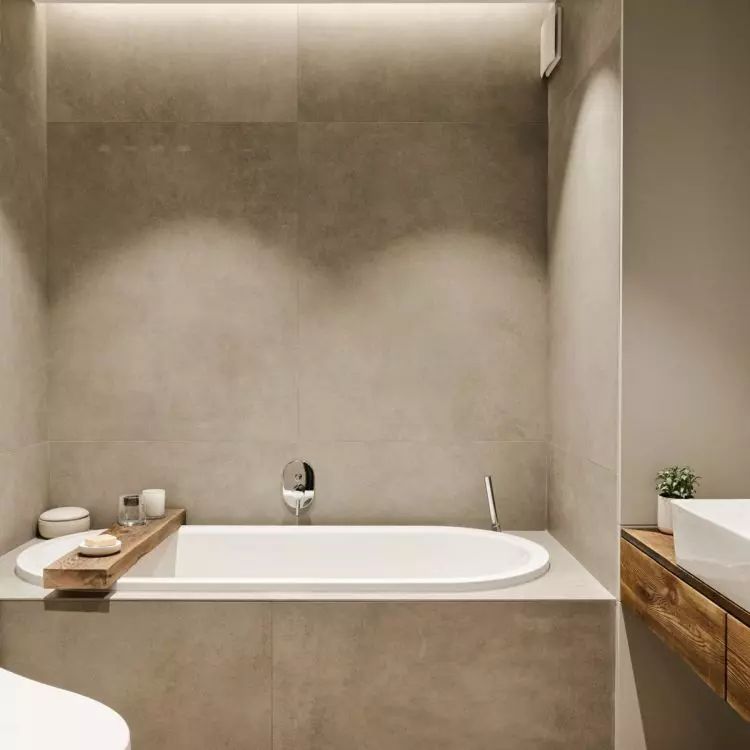 The bathroom was decorated in muted colors