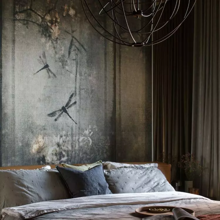 Bedroom with unique wallpaper 