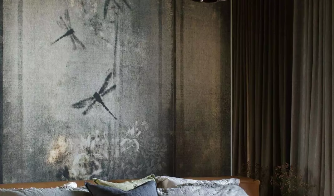 Bedroom with unique wallpaper 