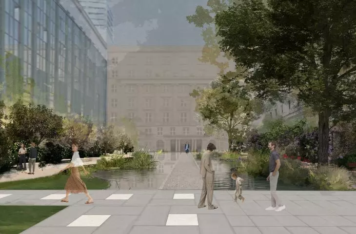 Square 1 is the space between the historic National Philharmonic building and the modern bank building