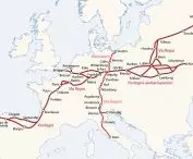 A map showing the medieval trade routes Via Imperii (red) and Via Regia (maroon) 