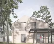 Proponowany dom ma obszerny taras z altaną, a okna osłaniają drewniane żaluzje