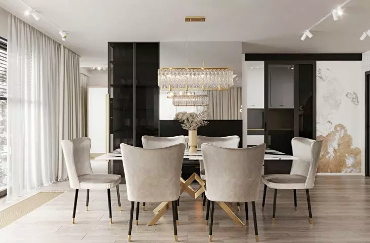 Dining room with a striking chandelier