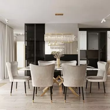 Dining room with a striking chandelier
