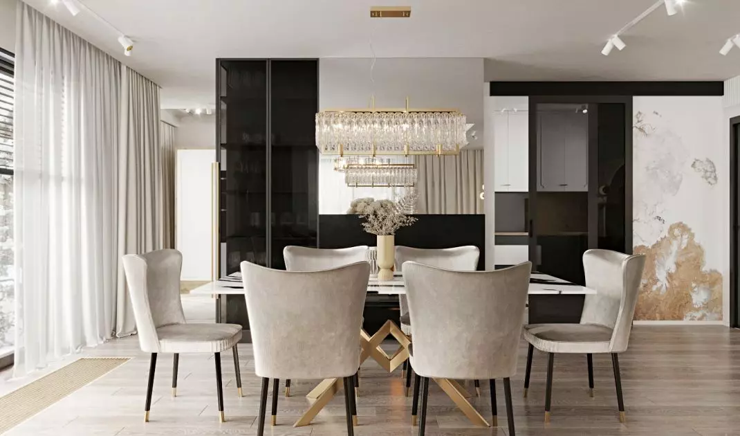 Dining room with a striking chandelier