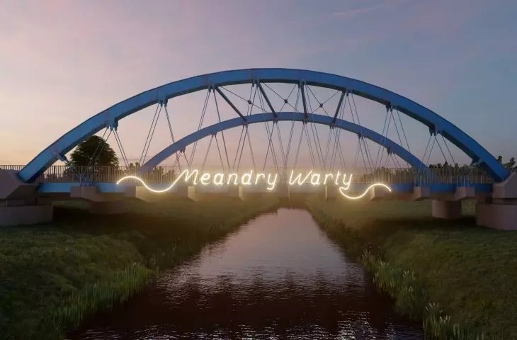 Meanders of Warta project, neon sign on the bridge