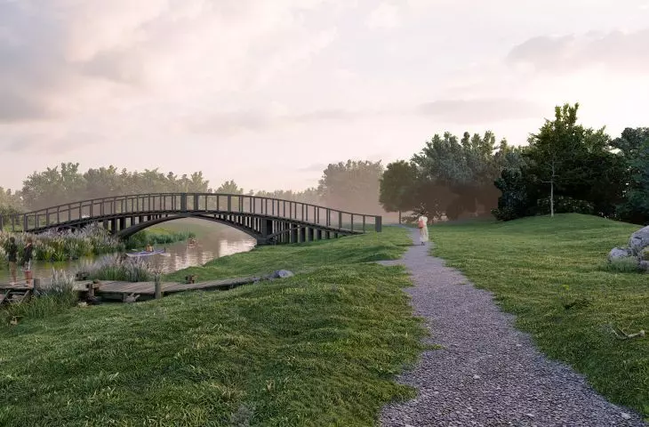 projekt Meandry Warty, widok na zejścia i mostki w części naturalistycznej