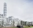Promenade on the Västra Hamnen waterfront; in the background is the Turning Torso designed by Santiago Calatrava 
