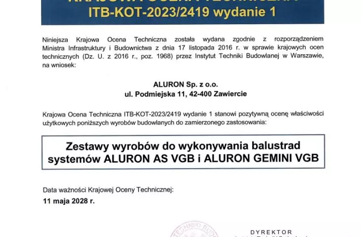 Balustrada AS VGB o najszerszej skali zastosowań potwierdzonej Krajową Oceną Techniczną!
