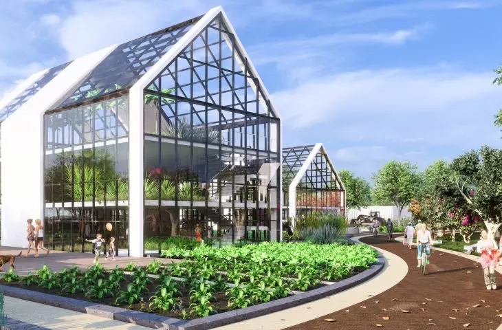 Urban farming area and greenhouses