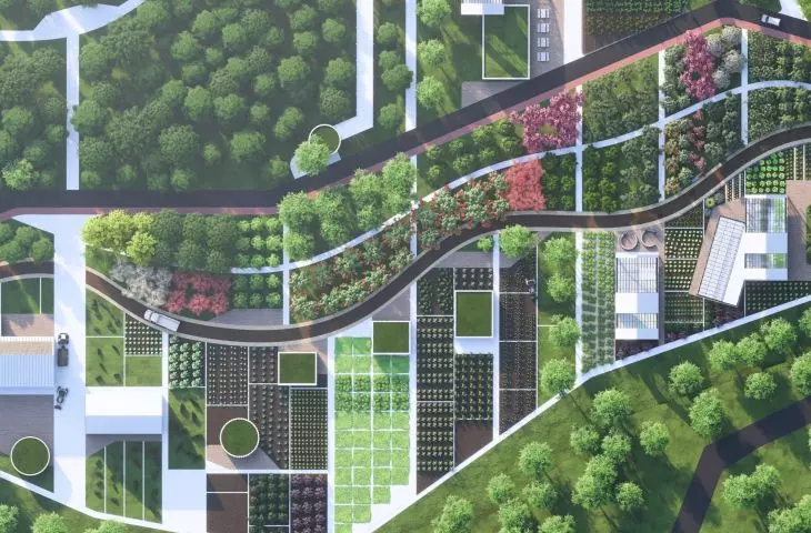 An aerial view of the urban farm 