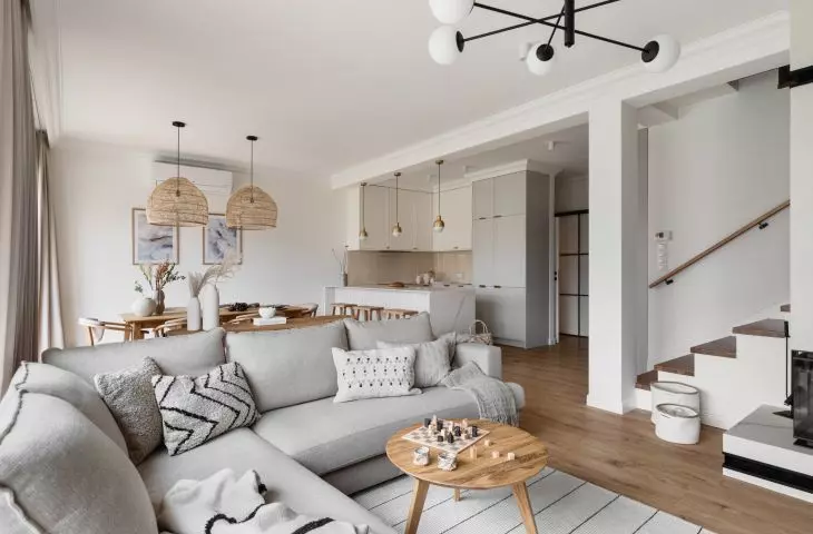The arrangement uses natural colors and materials