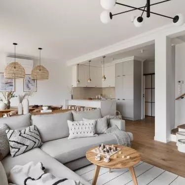 The arrangement uses natural colors and materials