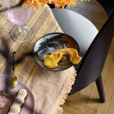 The interior features lots of yellows, oranges, reds and browns