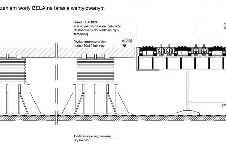 Przekrój poprzeczny przez taras wentylowany z zastosowaniem maty czyszczącej BELA
