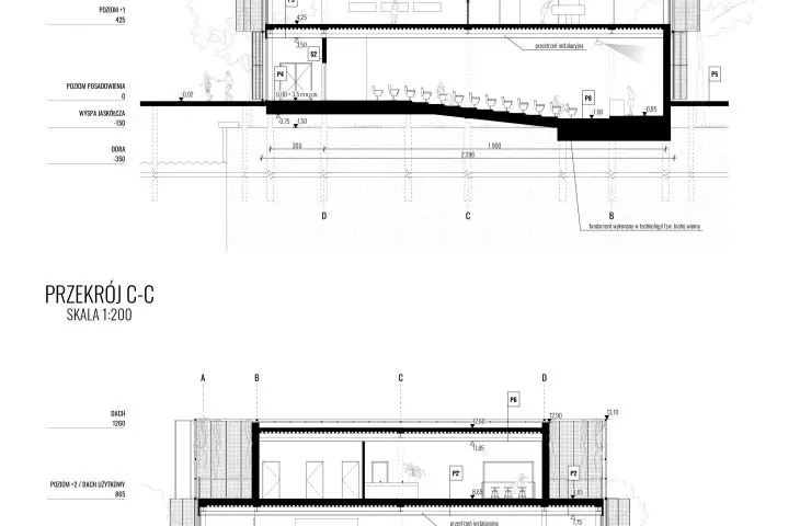 Centrum edukacyjne urban farmingu, przekrój B-B i C-C