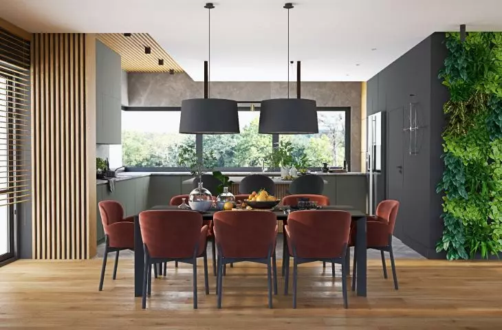 dining room and on the right the green wall