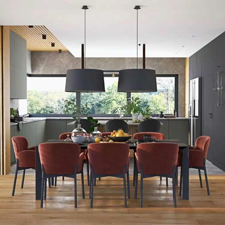 dining room and on the right the green wall