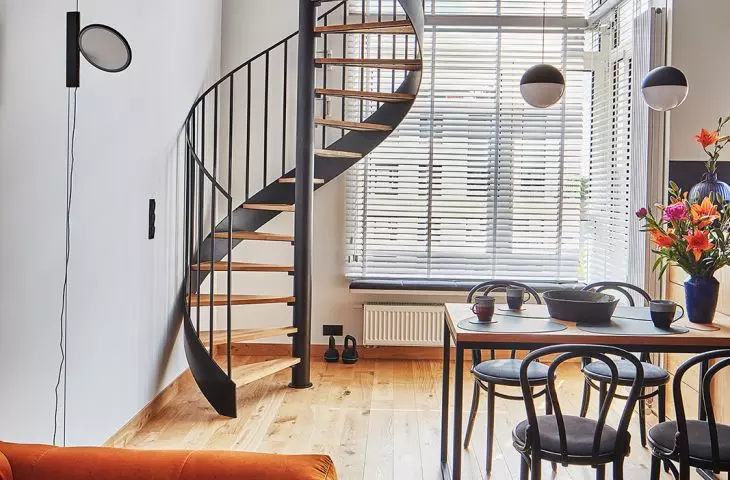 the two floors were connected by a winding staircase