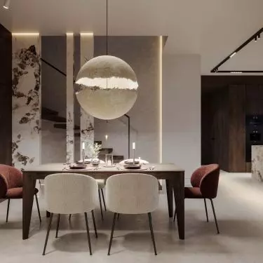 Dining room with large-format painting by Eva Jablonsky